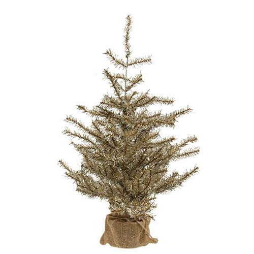 Antiqued Silver Tinsel Tree w/Burlap Base 2ft