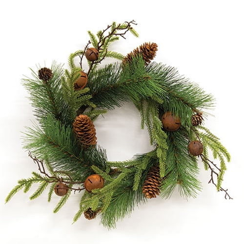 Heritage Mixed Pine & Rusty Bell Candle Ring - 6.5"