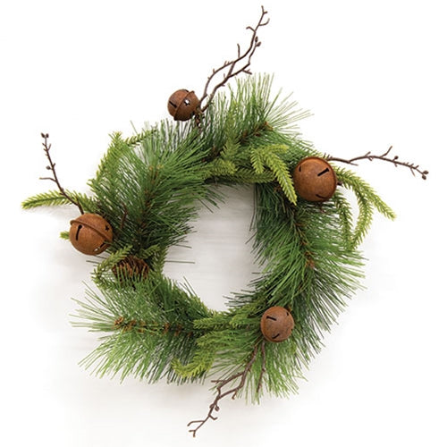 Heritage Mixed Pine & Rusty Bell Candle Ring - 4.5"