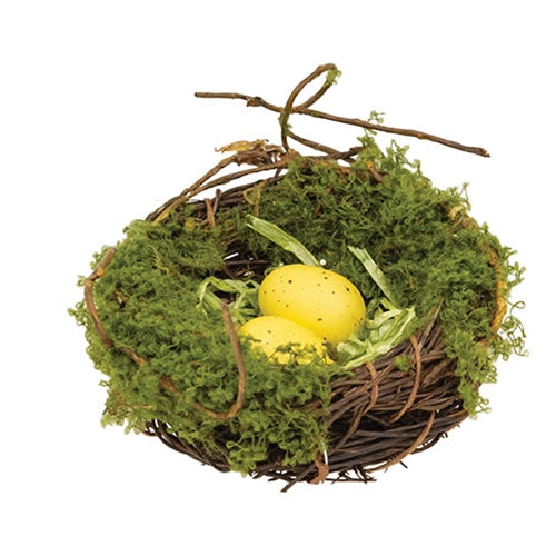 Mossy Twig Bird Nest w/Speckled Yellow Eggs - 3.5"