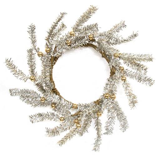 Platinum Bristle Pine & Golden Ball Candle Ring - 4.5"