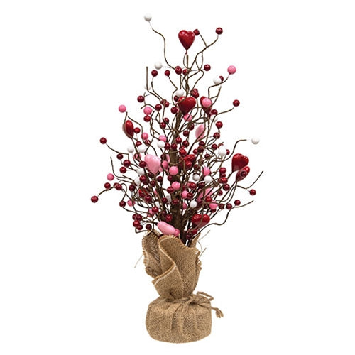 Valentine's Hearts & Berries Tree With Burlap Base - 19"H