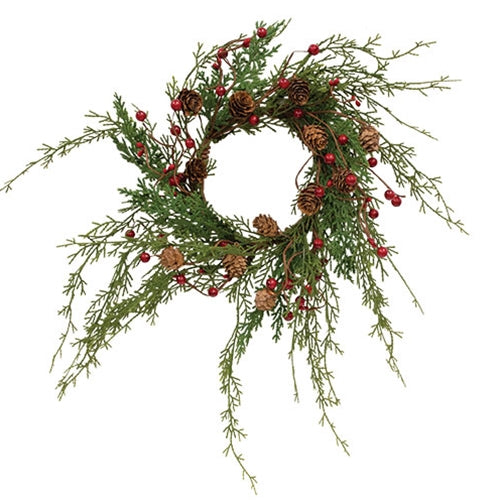 Wispy Cypress Pine & Berry Candle Ring - 4.5"