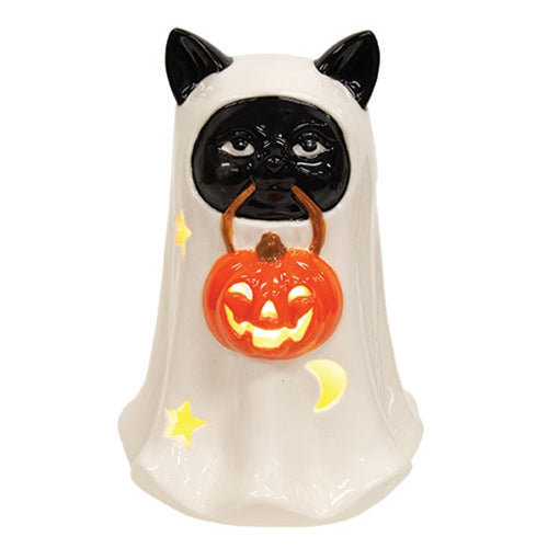 Ceramic LED Trick or Treat Ghost Cat - 6.25"H