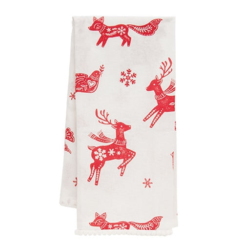 Yuletide Forest Folklore Dish Towel w/White Pom Poms