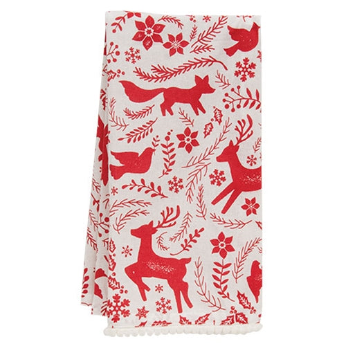 Yuletide Forest & Floral Folklore Dish Towel w/White Pom Poms
