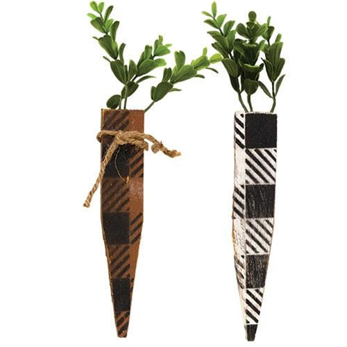 Buffalo Check White or Orange Large Rustic Wood Carrot 2 Asstd.