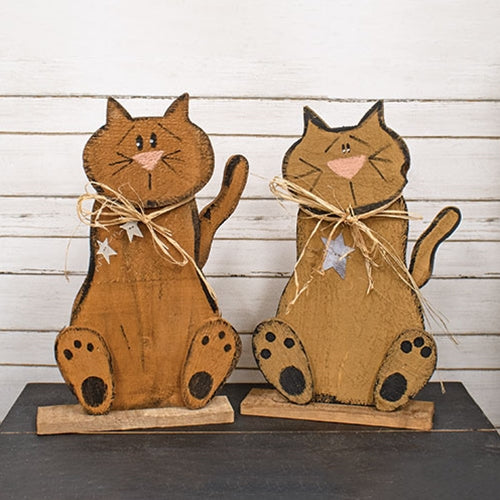 Rustic Wood Sitting Cat on Base w/Stars - 24"H - 2 Asstd.