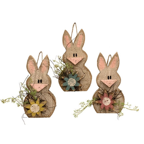 Rustic Wood Hanging Bunny w/Daisy - 9"H - 3 Asstd.