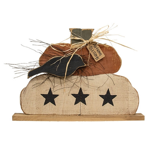 Rustic Wood Autumn Blessings Chubby Pumpkin Stack w/Crow on Base - 17"H