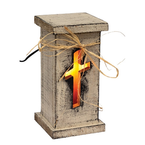 Rustic White Wood Cross Cutout Light Up Pedestal - 10.75"H