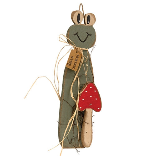 Rustic Wood Hanging Skinny Hello Sunshine Frog With Mushroom - 17.5"H