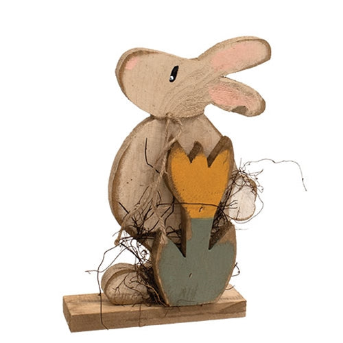 Rustic Wood Bunny With Yellow Tulip On Base - 12"H