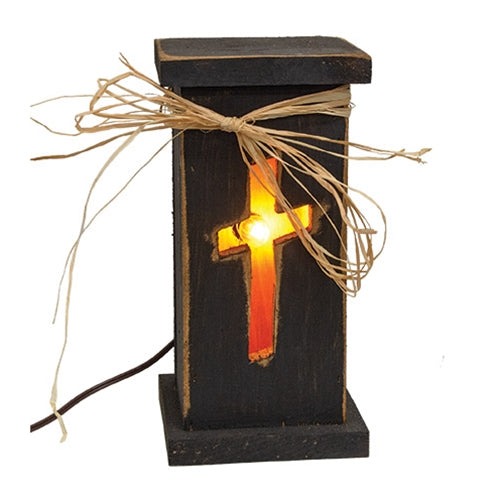 Rustic Black Wood Cross Cutout Light Up Pillar - 10.75"H
