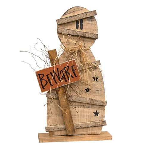 Rustic Wood Beware Mummy on Base - 24.5"H