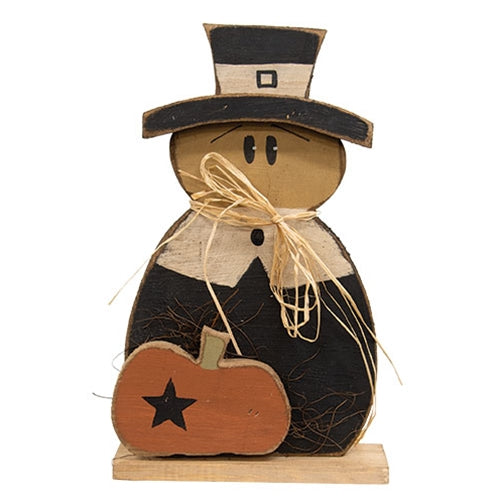 Rustic Wood Pilgrim Man With Pumpkin on Base - 19"H
