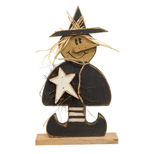 Rustic Wood Witch With White Star on Base - 18"H