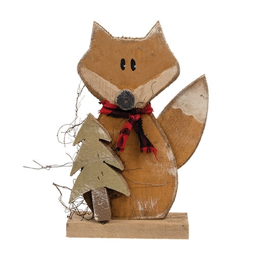 Rustic Wood Fox With Scarf & Tree on Base - 11.5"H