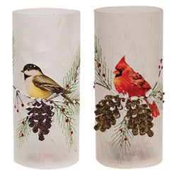 LED Frosted Winter Bird Glass Pillar 2 Asstd.