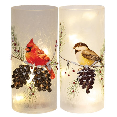 LED Frosted Winter Bird Glass Pillar 2 Asstd.