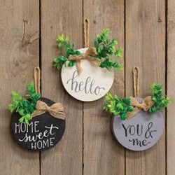 You & Me Round Sign Ornament w/Greenery 3 Asstd.