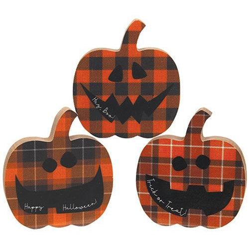 Happy Halloween Chunky Plaid Jack O Lantern Sitter 3 Asstd.