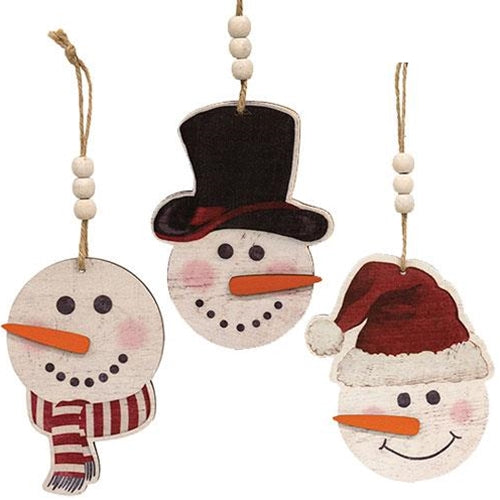 Weathered Wood Look Beaded Snowman w/Hat Ornament 3 Asstd.