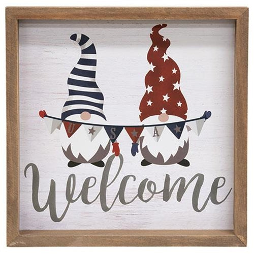 Gnome Duo USA Welcome Framed Sign