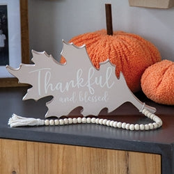 Thankful and Blessed Beige Wooden Leaf Sitter w/Beads