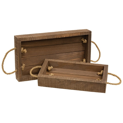 2/Set - Stained Wood Rectangle Trays w/Jute Handles