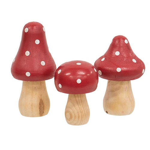 3/Set - Red & White Dotted Wooden Mushrooms