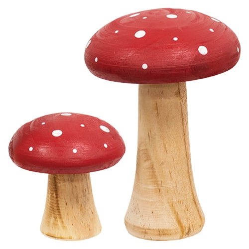 2/Set - White Dotted Red Wooden Mushrooms