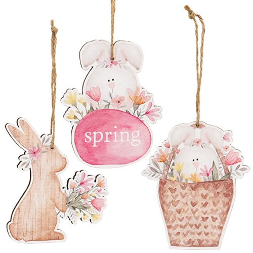 3/Set - Bunny Basket Wooden Ornaments