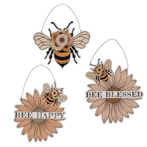 Blessed Bee Flower Wooden Hanger - 3 Asstd.