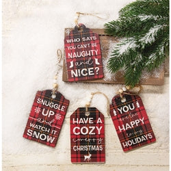Cozy Merry Christmas Plaid Gift Tag Ornament - 4 Asstd.