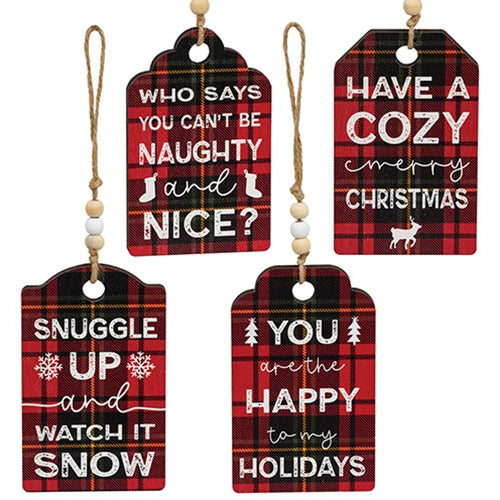 Cozy Merry Christmas Plaid Gift Tag Ornament - 4 Asstd.