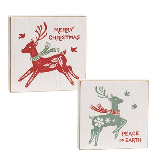 Yuletide Peace Reindeer Square Block Sign - 2 Asstd.