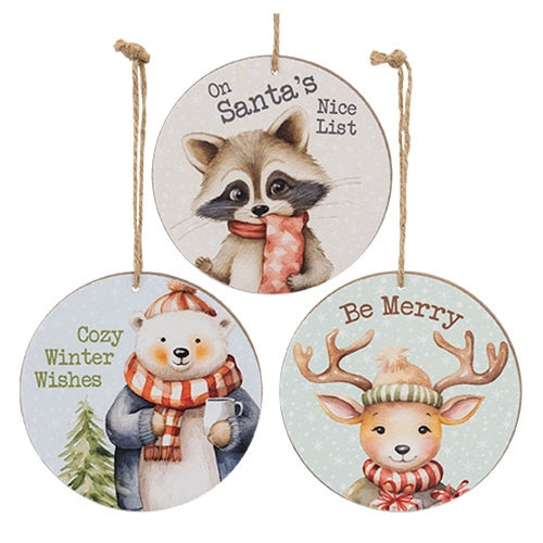 Cozy Winter Animal Round Ornament - 3 Asstd.