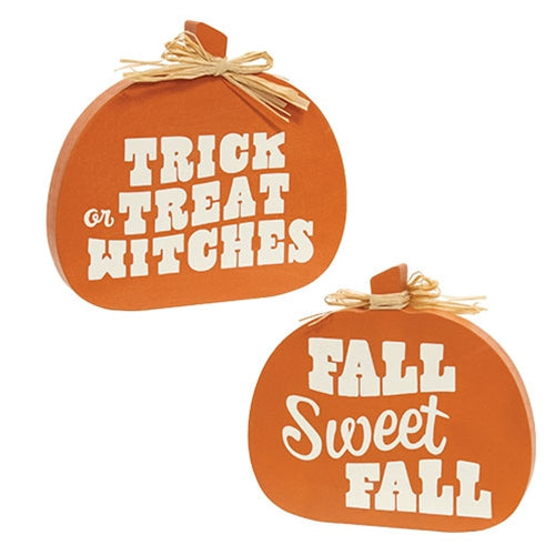 Fall Sweet Fall/Trick Or Treat 2-Sided Wooden Pumpkin Sitter
