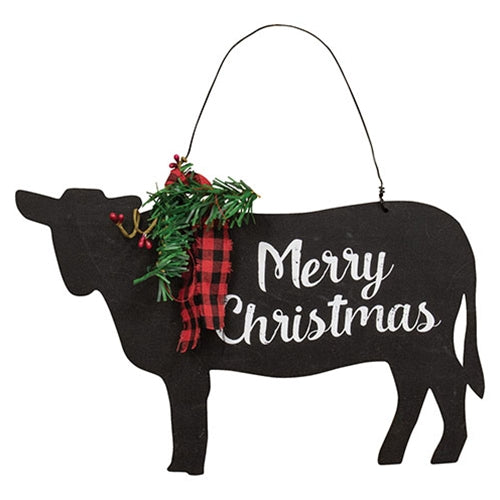 Merry Christmas Wooden Cow Sign w/Winter Greenery