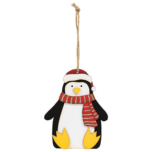 Layered Wood Penguin in Hat & Scarf Ornament