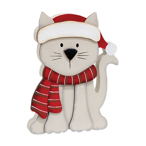 Kitten in Santa Hat & Scarf Chunky Wood Sitter