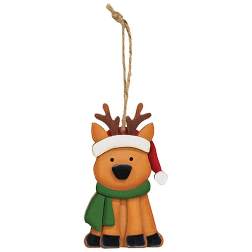 Layered Wood Reindeer in Santa Hat Ornament