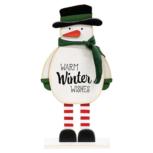 Warm Winter Wishes Wooden Snowman w/Scarf on Base - 10.25"H
