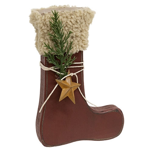 Distressed Primitive Wood Red Stock Sitter w/Pine & Rusty Star