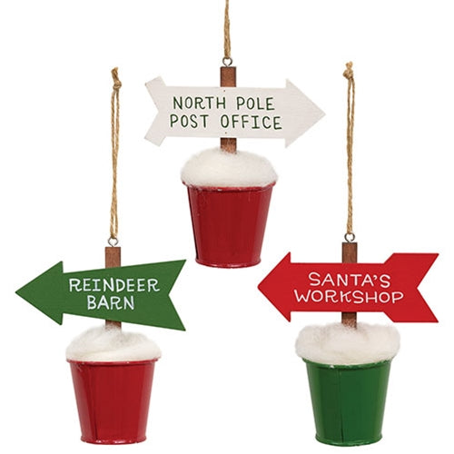 North Pole Arrow in Snowy Bucket Ornament - 3 Asstd.