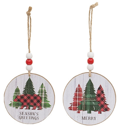 Season's Greetings Plaid Woodland Round Ornament - 2 Asstd.