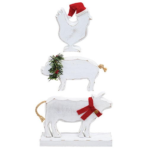 3/Set - Distressed White Wooden Winter Farm Animal Stackers