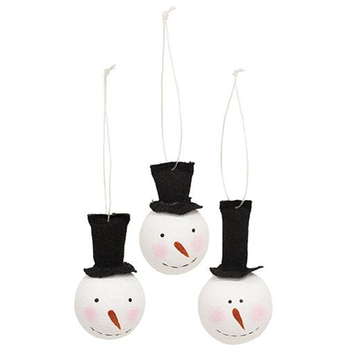 3/Set - Smiling Wooden Snowman Ornaments w/Tophats