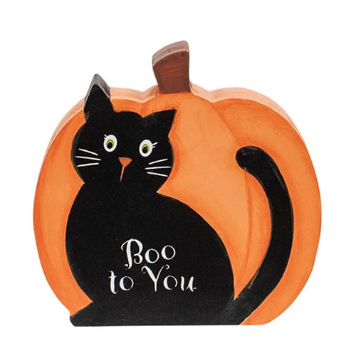 Boo To You Wooden Black Cat Pumpkin Sitter